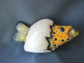 Folk Art Signed Ser Mel Mexico hand crafted paper mache fish hatching egg figure 2