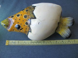 Folk Art Signed Ser Mel Mexico hand crafted paper mache fish hatching egg figure 5