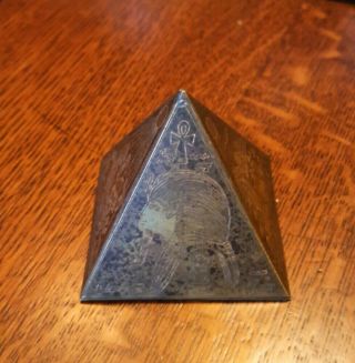 Vintage Egyptian Brass & Copper Metal Etched Hieroglyphics Pyramid