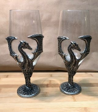 Dragon Wine Goblet Pair Pewter & Glass Gothic Fantasy