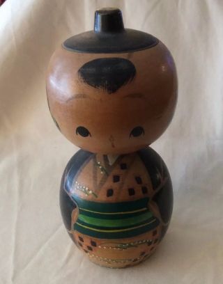 Vintage Japanese Wooden Kokeshi Doll Bobble Head Doll 6 1/2 Inches