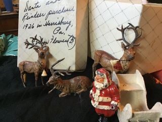3 German Christmas Putz Lead Metal Reindeer,  Santa,  And Sleigh.  1926