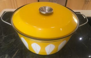 Mid Century Mordern Catherine Holms Lotus Enameled Pot Lid Yellow White 9 Qt.