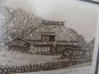 JAPANESE HIROTO NORIKANE SIGNED NUMBERED ETCHING SNOWING IN THE MOUNTAINS “HOME” 4