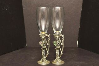 Pair Skeleton Set 2 Stems Pewter Champagne Flute Glasses Set Fellowship Foundry
