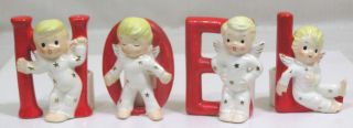 Vtg Christmas Shafford Noel Candle Holder Set Angel Babies Red Letters 1950s