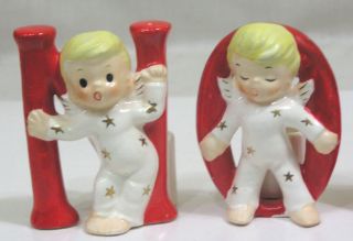 Vtg Christmas SHAFFORD NOEL Candle Holder Set Angel Babies Red Letters 1950s 2