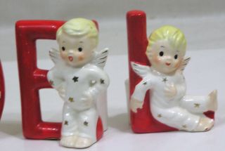Vtg Christmas SHAFFORD NOEL Candle Holder Set Angel Babies Red Letters 1950s 3