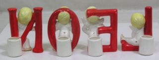 Vtg Christmas SHAFFORD NOEL Candle Holder Set Angel Babies Red Letters 1950s 4
