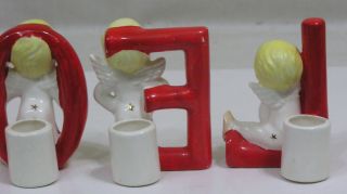Vtg Christmas SHAFFORD NOEL Candle Holder Set Angel Babies Red Letters 1950s 6
