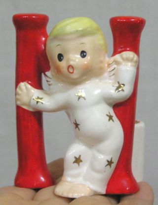 Vtg Christmas SHAFFORD NOEL Candle Holder Set Angel Babies Red Letters 1950s 8