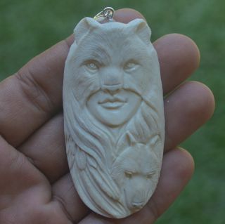 Wolf Goddess Carving 66x35mm Pendant P3574 W Silver In Buffalo Bone Carved