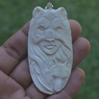 Wolf Goddess Carving 68x35mm Pendant P3567 W Silver In Buffalo Bone Carved