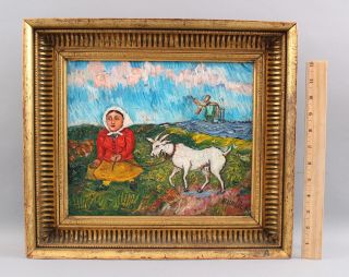 Vintage DAVID BURLIUK Russian Peasant Goat Modernist Landscape Oil Painting,  NR 2