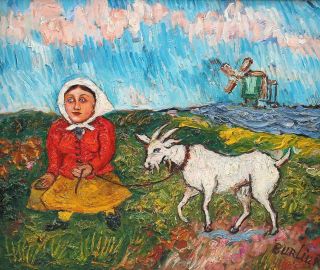 Vintage DAVID BURLIUK Russian Peasant Goat Modernist Landscape Oil Painting,  NR 3