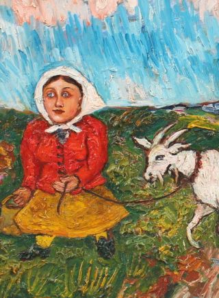 Vintage DAVID BURLIUK Russian Peasant Goat Modernist Landscape Oil Painting,  NR 4
