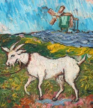Vintage DAVID BURLIUK Russian Peasant Goat Modernist Landscape Oil Painting,  NR 5