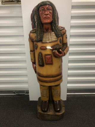 36” 3 Ft Tall Solid Wood Carved Hand Painted Cigar Pipe Store Indian Figure