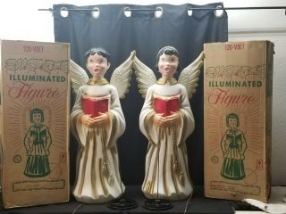 Vintage Christmas Angels Caroler Choir Lighted Boy & Girl Blow Molds 31” W Boxes
