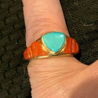 14kt Gold Native American Navajo Turquoise Coral Heart Ring.  Size 7