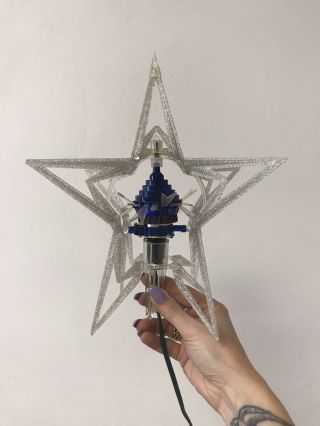 Vintage Merry Glow Rotating Ornament Tree Topper Silver Star Blue Prism Light