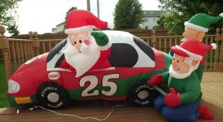 Large 8 " Santa In A Race Car Nascar Inflatable With Elf Pit Crew -