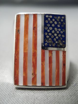 Important Vintage Zuni Harlan Coonsis Coral Sterling Silver American Flag Ring