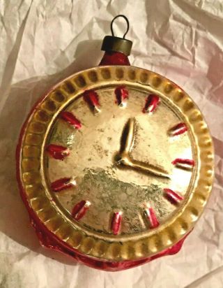 Antique Vtg Embossed Clock Scallop Back German Glass Figural Christmas Ornament