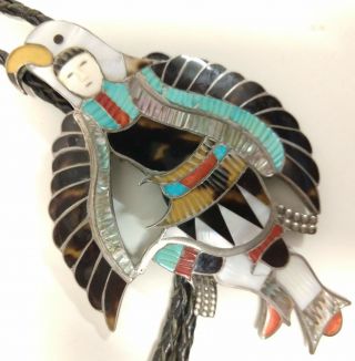 Vintage Zuni Signed Edward Eddie Beyuka Mosaic Inlay Eagle Dancer Silver Bolo