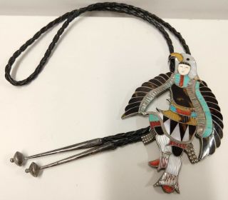 Vintage Zuni Signed Edward Eddie Beyuka Mosaic Inlay Eagle Dancer Silver Bolo 2