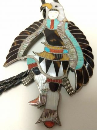 Vintage Zuni Signed Edward Eddie Beyuka Mosaic Inlay Eagle Dancer Silver Bolo 3