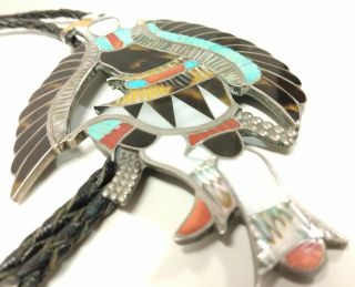 Vintage Zuni Signed Edward Eddie Beyuka Mosaic Inlay Eagle Dancer Silver Bolo 7