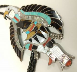 Vintage Zuni Signed Edward Eddie Beyuka Mosaic Inlay Eagle Dancer Silver Bolo 9