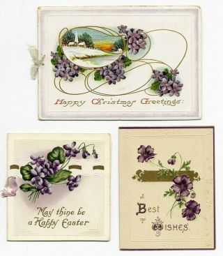 3 Christmas Easter Birthday 3 Edwardian Greeting Cards Violets Purple Flowers