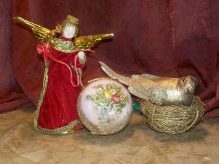 3 Vtg Wax Ornaments & Tree Topper Red Velvet Christmas Angel W.  Germany Bird Nest