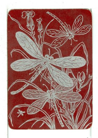 Single Playing Card Vintage Antique Lacquer " Dragonflies " Dr - 2 - 1 D,  Red/silver