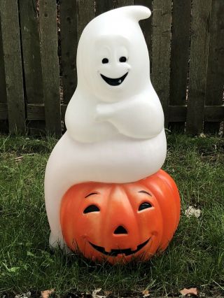 " Empire " Halloween Happy Ghost Sitting On Pumpkin Lighted Blow Mold - 35”