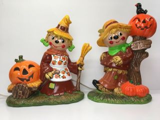 Vintage Hand Painted Ceramic Halloween Fall Lighted Figures,  Scarecrow Pumpkin