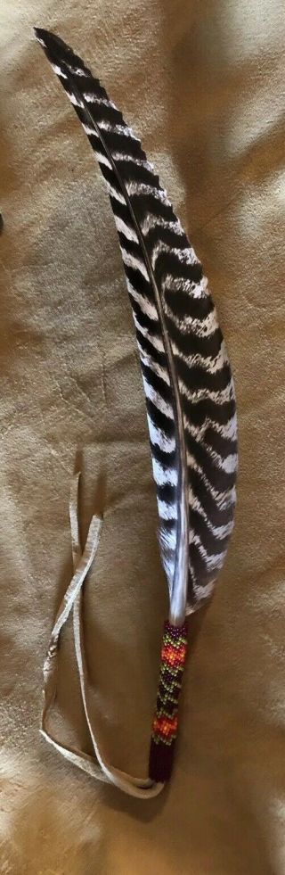 Large Native American Lakota Beaded Turkey Wing Feather