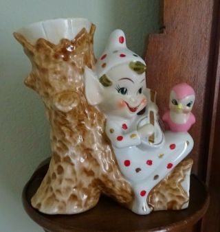 Vintage Knee Hugger,  Pixie,  Elf,  Gnome,  Pink Bird Pottery Vase Japan