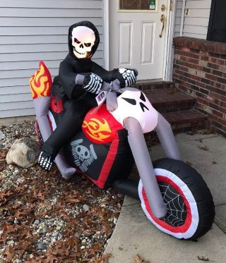 7ft Gemmy Airblown Inflatable Grim Reaper On Motorcycle Halloween Blow Up