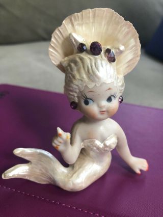 Vintage Mermaid Figurine Iridescent - Seashell On Head - Purple Crystals - Rare