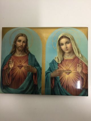 Vintage Catholic Religious Holy Tin Plaque Holy Sacred Heart Jesus And Mary