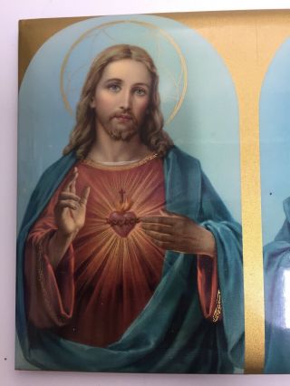 Vintage Catholic Religious Holy Tin Plaque Holy Sacred Heart Jesus and Mary 2
