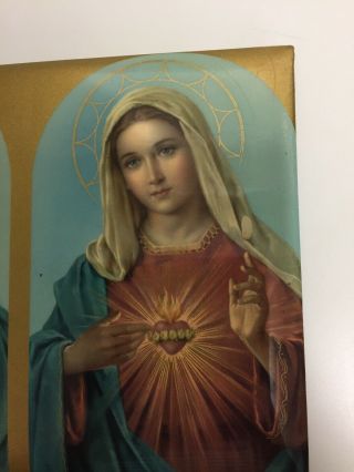 Vintage Catholic Religious Holy Tin Plaque Holy Sacred Heart Jesus and Mary 3