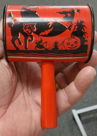 Vintage Toy Tin Halloween Noisemaker W/ Wood Handle - Awesome Graphics Near Gem