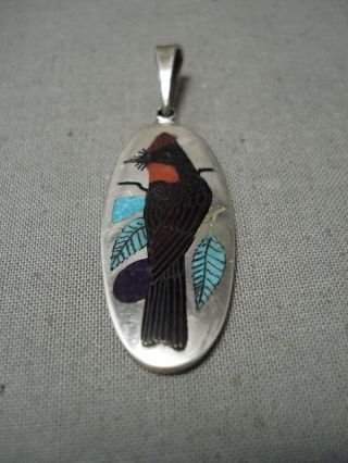 Exquisite Vintage Zuni Native American Turquoise Sterling Silver Bird Pendant