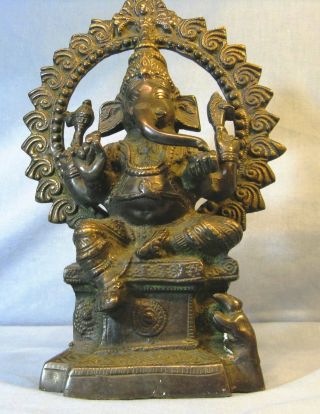 Vintage Seated Lord Ganesha Bronze Statue Hindu God Elephant 12 "
