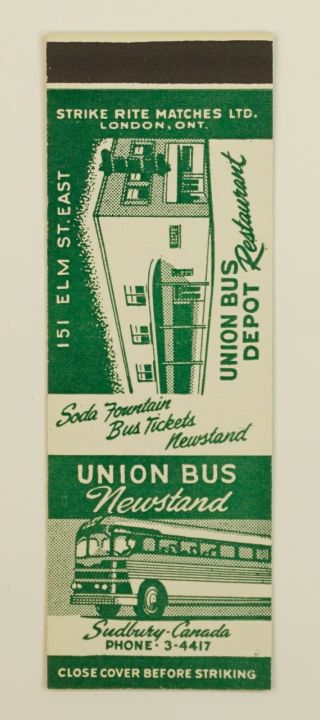 Nm 1940s Union Bus Depot Restaurant Matchbook Sample Flat - Sudbury,  On Canada