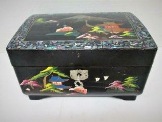 Vintage Black Lacquer Japanese Jewelry - Music Box W/inlaid Abalone Trim